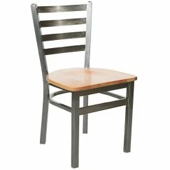 BFM Seating Lima Steel Side Chair With Natural Wooden Seat And Clear Coat Frame