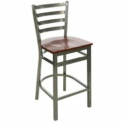 BFM Seating Lima Clear Coated Steel Counter Height Bar Stool With Mahogany Wooden Seat