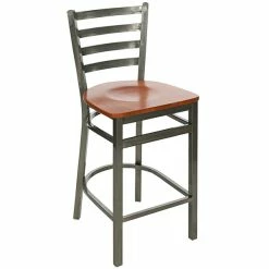 BFM Seating Lima Clear Coated Steel Counter Height Bar Stool With Cherry Wooden Seat