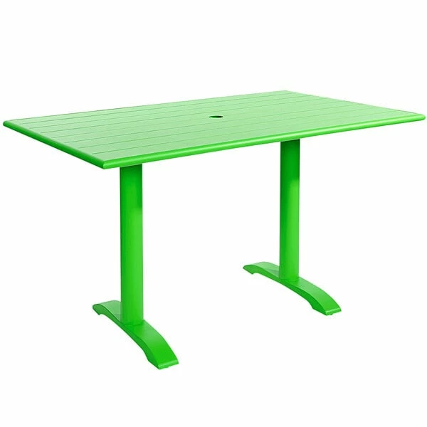 BFM Seating Bali 32" X 48" Lime Powder Coated Aluminum Outdoor / Indoor Dining Height Table With Square Cast Iron Base And Umbrella Hole 1 BFM Seating Bali 32" X 48" Lime Powder Coated Aluminum Outdoor / Indoor Dining Height Table With Square Cast Iron Base And Umbrella Hole