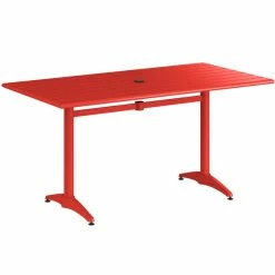 Lancaster Table & Seating 32" X 60" Red Powder-Coated Aluminum Dining Height Outdoor Table With Umbrella Hole And 6 Side Chairs -Lancaster Table & Seating Shop 2342627
