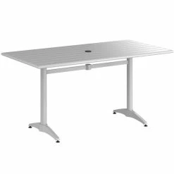Lancaster Table & Seating 32" X 60" Silver Powder-Coated Aluminum Dining Height Outdoor Table With Umbrella Hole And 4 Arm Chairs -Lancaster Table & Seating Shop 2342633