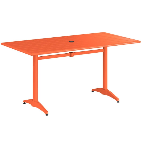 Lancaster Table & Seating 32" X 60" Orange Powder-Coated Aluminum Standard Height Outdoor Table With Umbrella Hole And 6 Side Chairs 4 Lancaster Table & Seating 32" X 60" Orange Powder-Coated Aluminum Standard Height Outdoor Table With Umbrella Hole And 6 Side Chairs - Image 4