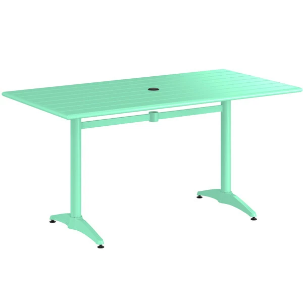 Lancaster Table & Seating 32" X 60" Seafoam Powder-Coated Aluminum Standard Height Outdoor Table With Umbrella Hole And 6 Side Chairs 4 Lancaster Table & Seating 32" X 60" Seafoam Powder-Coated Aluminum Standard Height Outdoor Table With Umbrella Hole And 6 Side Chairs - Image 4