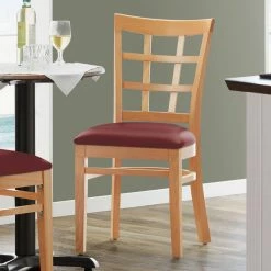 Lancaster Table & Seating Natural Wooden Window Back Chair With 2 1/2" Burgundy Padded Seat