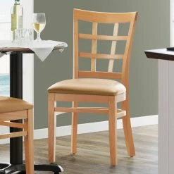 Lancaster Table & Seating Natural Wooden Window Back Chair With 2 1/2" Light Brown Padded Seat