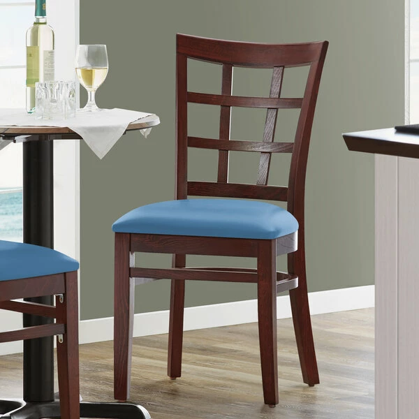Lancaster Table & Seating Mahogany Finish Wooden Window Back Chair With Blue Padded Seat 1 Lancaster Table & Seating Mahogany Finish Wooden Window Back Chair With Blue Padded Seat