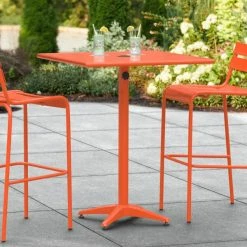 Lancaster Table & Seating 32" X 32" Orange Powder-Coated Aluminum Bar Height Outdoor Table With Umbrella Hole