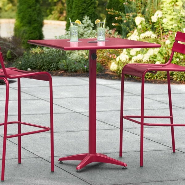 Lancaster Table & Seating 32" X 32" Sangria Powder-Coated Aluminum Bar Height Outdoor Table With Umbrella Hole 1 Lancaster Table & Seating 32" X 32" Sangria Powder-Coated Aluminum Bar Height Outdoor Table With Umbrella Hole