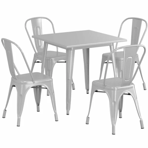 LT&S Alloy Series Lancaster Table & Seating Alloy Series 32" X 32" Silver Dining Height Outdoor Table With 4 Industrial Cafe Chairs 2 LT&S Alloy Series Lancaster Table & Seating Alloy Series 32" X 32" Silver Dining Height Outdoor Table With 4 Industrial Cafe Chairs - Image 2