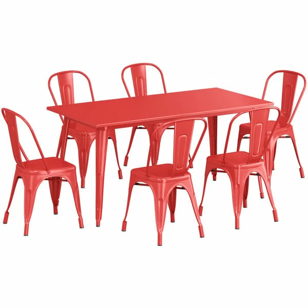 LT&S Alloy Series Lancaster Table & Seating Alloy Series 63" X 32" Red Dining Height Outdoor Table With 6 Industrial Cafe Chairs 2 LT&S Alloy Series Lancaster Table & Seating Alloy Series 63" X 32" Red Dining Height Outdoor Table With 6 Industrial Cafe Chairs - Image 2