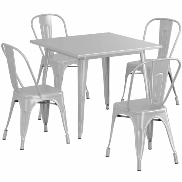 LT&S Alloy Series Lancaster Table & Seating Alloy Series 36" X 36" Silver Dining Height Outdoor Table With 4 Industrial Cafe Chairs 2 LT&S Alloy Series Lancaster Table & Seating Alloy Series 36" X 36" Silver Dining Height Outdoor Table With 4 Industrial Cafe Chairs - Image 2