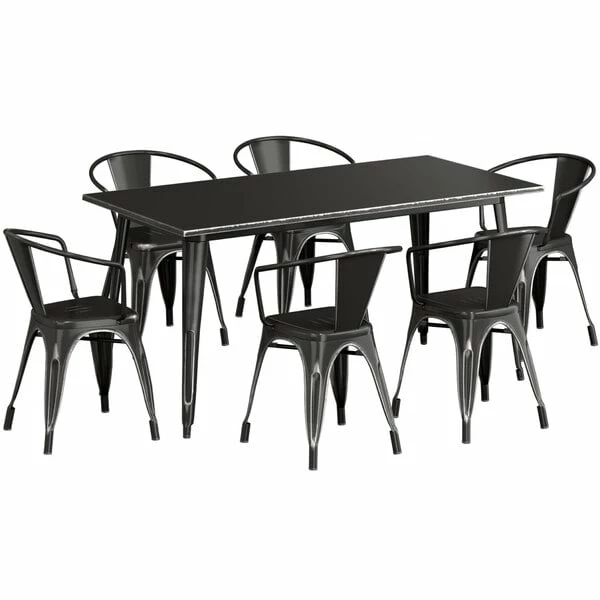 LT&S Alloy Series Lancaster Table & Seating Alloy Series 63" X 32" Distressed Black Dining Height Outdoor Table With 6 Arm Chairs 2 LT&S Alloy Series Lancaster Table & Seating Alloy Series 63" X 32" Distressed Black Dining Height Outdoor Table With 6 Arm Chairs - Image 2