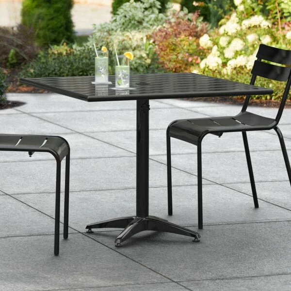 Lancaster Table & Seating 36" X 36" Black Powder-Coated Aluminum Dining Height Outdoor Table With Umbrella Hole 1 Lancaster Table & Seating 36" X 36" Black Powder-Coated Aluminum Dining Height Outdoor Table With Umbrella Hole