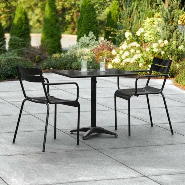Lancaster Table & Seating 24" X 32" Black Powder-Coated Aluminum Standard Height Outdoor Table With Umbrella Hole And 2 Arm Chairs 1 Lancaster Table & Seating 24" X 32" Black Powder-Coated Aluminum Standard Height Outdoor Table With Umbrella Hole And 2 Arm Chairs