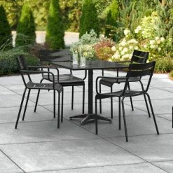 Lancaster Table & Seating 32" X 32" Black Powder-Coated Aluminum Standard Height Outdoor Table With Umbrella Hole And 4 Arm Chairs