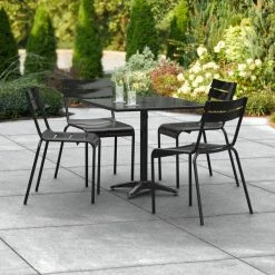 Lancaster Table & Seating 32" X 32" Black Powder-Coated Aluminum Standard Height Outdoor Table With Umbrella Hole And 4 Side Chairs