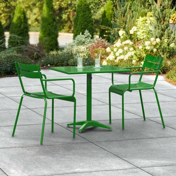Lancaster Table & Seating 24" X 32" Green Powder-Coated Aluminum Standard Height Outdoor Table With Umbrella Hole And 2 Arm Chairs 1 Lancaster Table & Seating 24" X 32" Green Powder-Coated Aluminum Standard Height Outdoor Table With Umbrella Hole And 2 Arm Chairs