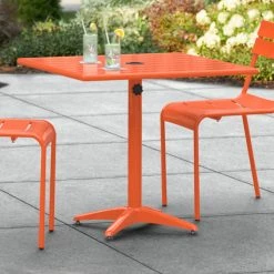 Lancaster Table & Seating 32" X 32" Orange Powder-Coated Aluminum Dining Height Outdoor Table With Umbrella Hole