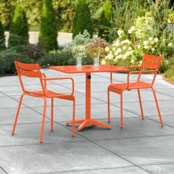 Lancaster Table & Seating 24" X 32" Orange Powder-Coated Aluminum Standard Height Outdoor Table With Umbrella Hole And 2 Arm Chairs
