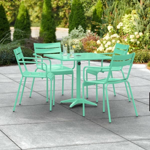 Lancaster Table & Seating 32" X 32" Seafoam Powder-Coated Aluminum Standard Height Outdoor Table With Umbrella Hole And 4 Arm Chairs 1 Lancaster Table & Seating 32" X 32" Seafoam Powder-Coated Aluminum Standard Height Outdoor Table With Umbrella Hole And 4 Arm Chairs