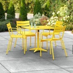 Lancaster Table & Seating 32" X 32" Yellow Powder-Coated Aluminum Standard Height Outdoor Table With Umbrella Hole And 4 Arm Chairs