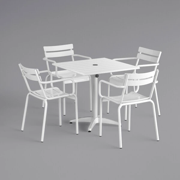 Lancaster Table & Seating 32" X 32" White Powder-Coated Aluminum Dining Height Outdoor Table With Umbrella Hole And 4 Arm Chairs 2 Lancaster Table & Seating 32" X 32" White Powder-Coated Aluminum Dining Height Outdoor Table With Umbrella Hole And 4 Arm Chairs - Image 2
