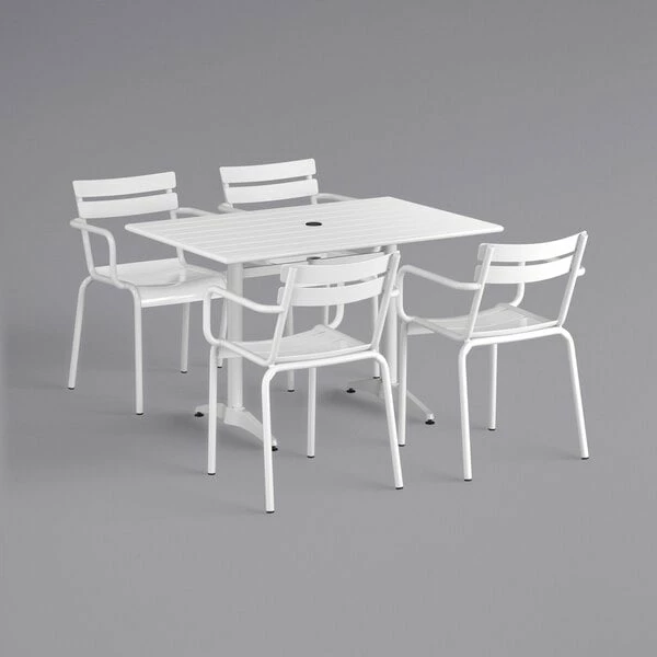 Lancaster Table & Seating 32" X 48" White Powder-Coated Aluminum Dining Height Outdoor Table With Umbrella Hole And 4 Arm Chairs 2 Lancaster Table & Seating 32" X 48" White Powder-Coated Aluminum Dining Height Outdoor Table With Umbrella Hole And 4 Arm Chairs - Image 2