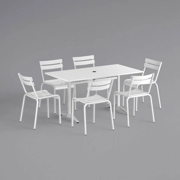 Lancaster Table & Seating 32" X 60" White Powder-Coated Aluminum Dining Height Outdoor Table With Umbrella Hole And 6 Side Chairs 2 Lancaster Table & Seating 32" X 60" White Powder-Coated Aluminum Dining Height Outdoor Table With Umbrella Hole And 6 Side Chairs - Image 2