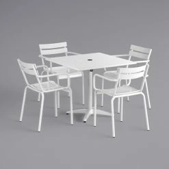 Lancaster Table & Seating 36" X 36" White Powder-Coated Aluminum Dining Height Outdoor Table With Umbrella Hole And 4 Arm Chairs -Lancaster Table & Seating Shop 2367803