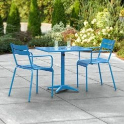 Lancaster Table & Seating 24" X 32" Blue Powder-Coated Aluminum Dining Height Outdoor Table With Umbrella Hole And 2 Arm Chairs