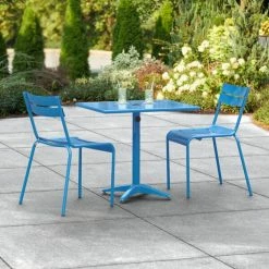 Lancaster Table & Seating 24" X 32" Blue Powder-Coated Aluminum Dining Height Outdoor Table With Umbrella Hole And 2 Side Chairs