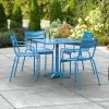 Lancaster Table & Seating 32" X 32" Blue Powder-Coated Aluminum Dining Height Outdoor Table With Umbrella Hole And 4 Arm Chairs