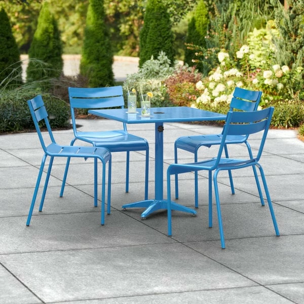 Lancaster Table & Seating 32" X 32" Blue Powder-Coated Aluminum Dining Height Outdoor Table With Umbrella Hole And 4 Side Chairs 1 Lancaster Table & Seating 32" X 32" Blue Powder-Coated Aluminum Dining Height Outdoor Table With Umbrella Hole And 4 Side Chairs