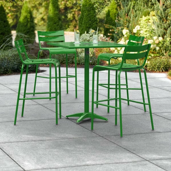Lancaster Table & Seating 32" X 32" Green Powder-Coated Aluminum Bar Height Outdoor Table With Umbrella Hole And 4 Barstools 1 Lancaster Table & Seating 32" X 32" Green Powder-Coated Aluminum Bar Height Outdoor Table With Umbrella Hole And 4 Barstools