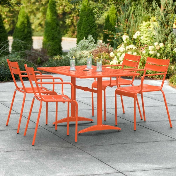 Lancaster Table & Seating 32" X 48" Orange Powder-Coated Aluminum Standard Height Outdoor Table With Umbrella Hole And 4 Arm Chairs 1 Lancaster Table & Seating 32" X 48" Orange Powder-Coated Aluminum Standard Height Outdoor Table With Umbrella Hole And 4 Arm Chairs