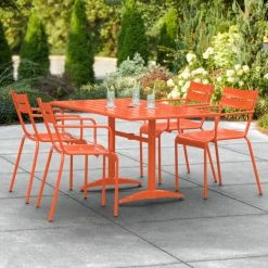 Lancaster Table & Seating 32" X 60" Orange Powder-Coated Aluminum Standard Height Outdoor Table With Umbrella Hole And 4 Arm Chairs