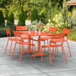 Lancaster Table & Seating 32" X 60" Orange Powder-Coated Aluminum Standard Height Outdoor Table With Umbrella Hole And 6 Side Chairs
