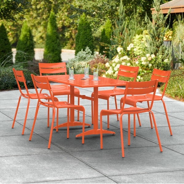 Lancaster Table & Seating 32" X 60" Orange Powder-Coated Aluminum Standard Height Outdoor Table With Umbrella Hole And 6 Side Chairs 1 Lancaster Table & Seating 32" X 60" Orange Powder-Coated Aluminum Standard Height Outdoor Table With Umbrella Hole And 6 Side Chairs