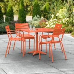 Lancaster Table & Seating 36" X 36" Orange Powder-Coated Aluminum Standard Height Outdoor Table With Umbrella Hole And 4 Arm Chairs