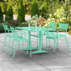 Lancaster Table & Seating 32" X 48" Seafoam Powder-Coated Aluminum Standard Height Outdoor Table With Umbrella Hole And 4 Arm Chairs