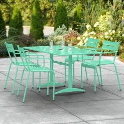 Lancaster Table & Seating 32" X 60" Seafoam Powder-Coated Aluminum Standard Height Outdoor Table With Umbrella Hole And 4 Arm Chairs