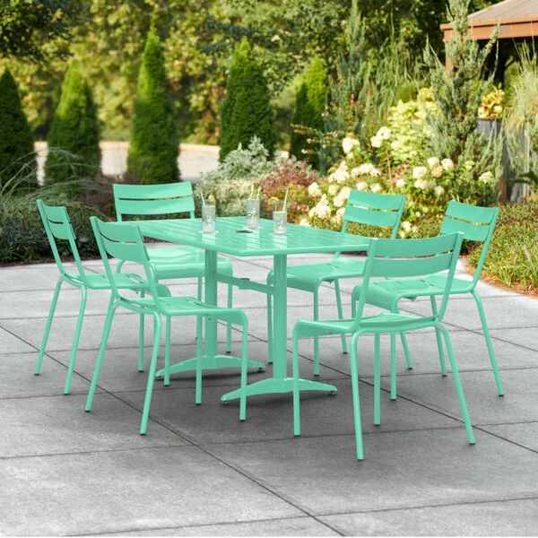 Lancaster Table & Seating 32" X 60" Seafoam Powder-Coated Aluminum Standard Height Outdoor Table With Umbrella Hole And 6 Side Chairs 1 Lancaster Table & Seating 32" X 60" Seafoam Powder-Coated Aluminum Standard Height Outdoor Table With Umbrella Hole And 6 Side Chairs