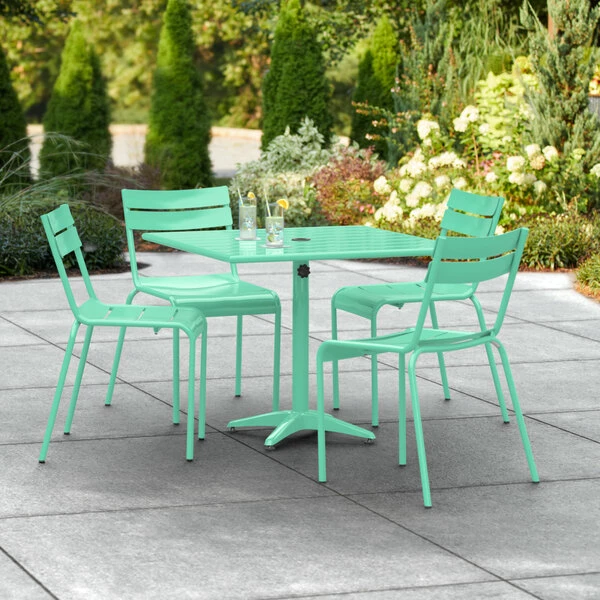 Lancaster Table & Seating 36" X 36" Seafoam Powder-Coated Aluminum Standard Height Outdoor Table With Umbrella Hole And 4 Side Chairs 1 Lancaster Table & Seating 36" X 36" Seafoam Powder-Coated Aluminum Standard Height Outdoor Table With Umbrella Hole And 4 Side Chairs