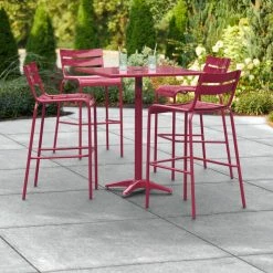 Lancaster Table & Seating 32" X 32" Sangria Powder-Coated Aluminum Bar Height Outdoor Table With Umbrella Hole And 4 Barstools