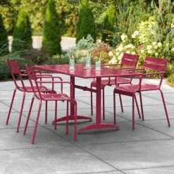 Lancaster Table & Seating 32" X 60" Sangria Powder-Coated Aluminum Standard Height Outdoor Table With Umbrella Hole And 4 Arm Chairs