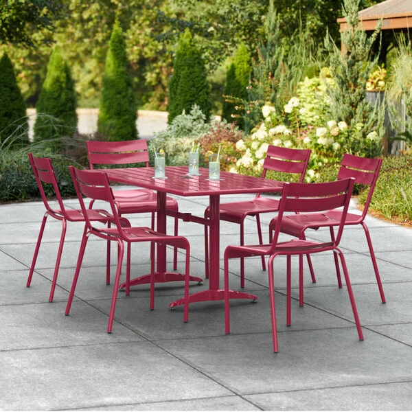 Lancaster Table & Seating 32" X 60" Sangria Powder-Coated Aluminum Standard Height Outdoor Table With Umbrella Hole And 6 Side Chairs 1 Lancaster Table & Seating 32" X 60" Sangria Powder-Coated Aluminum Standard Height Outdoor Table With Umbrella Hole And 6 Side Chairs