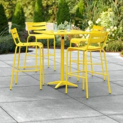 Lancaster Table & Seating 32" X 32" Yellow Powder-Coated Aluminum Bar Height Outdoor Table With Umbrella Hole And 4 Barstools