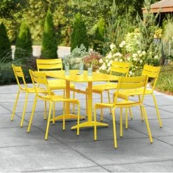 Lancaster Table & Seating 32" X 60" Yellow Powder-Coated Aluminum Standard Height Outdoor Table With Umbrella Hole And 6 Side Chairs