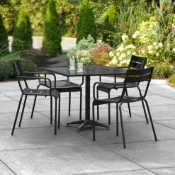 Lancaster Table & Seating 36" X 36" Black Powder-Coated Aluminum Standard Height Outdoor Table With Umbrella Hole And 4 Arm Chairs